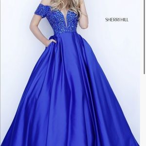 Sherri Hill style 51611 turquoise off the shoulder ball gown
